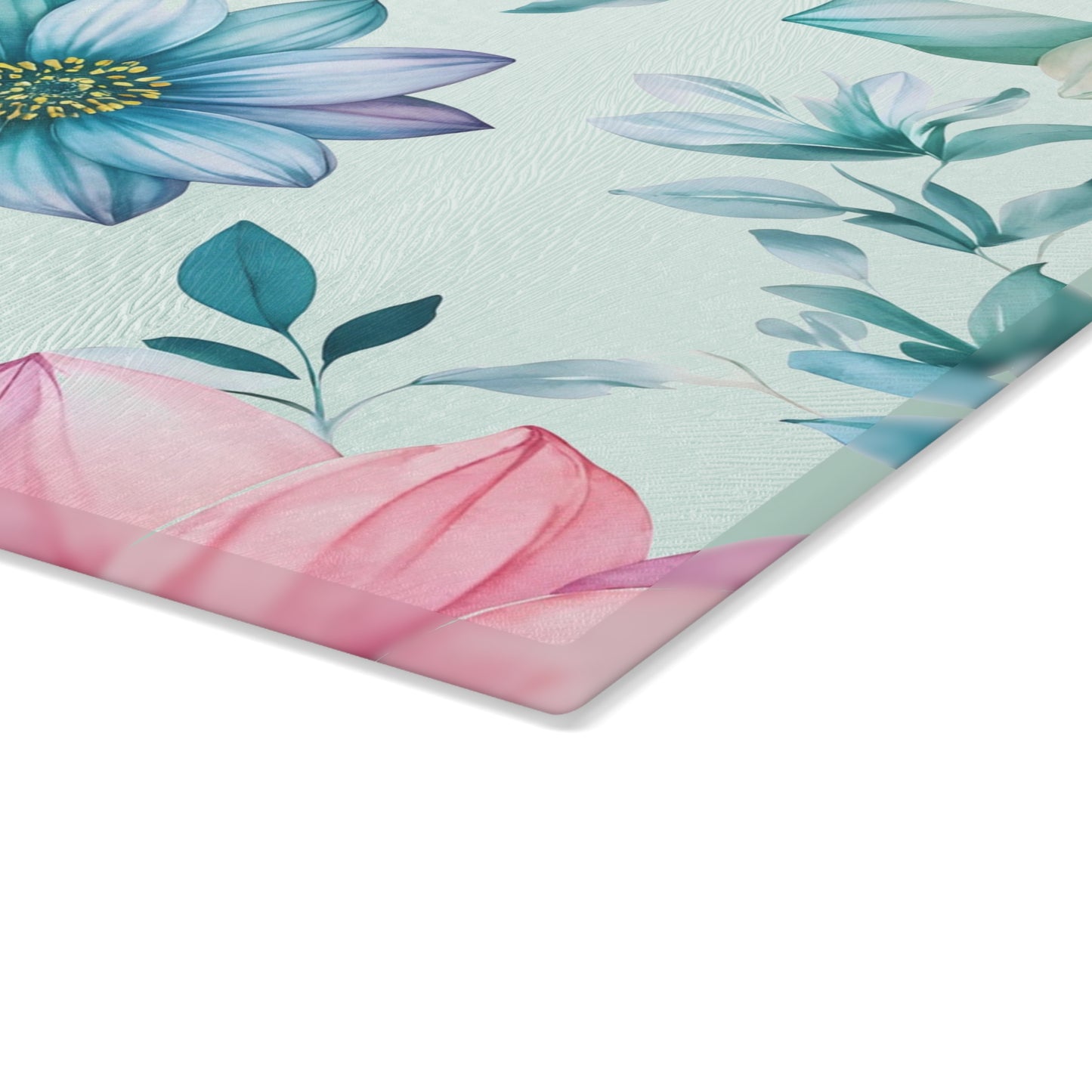 Floral Glass Cutting Board — Pastel Blue Watercolor Flowers