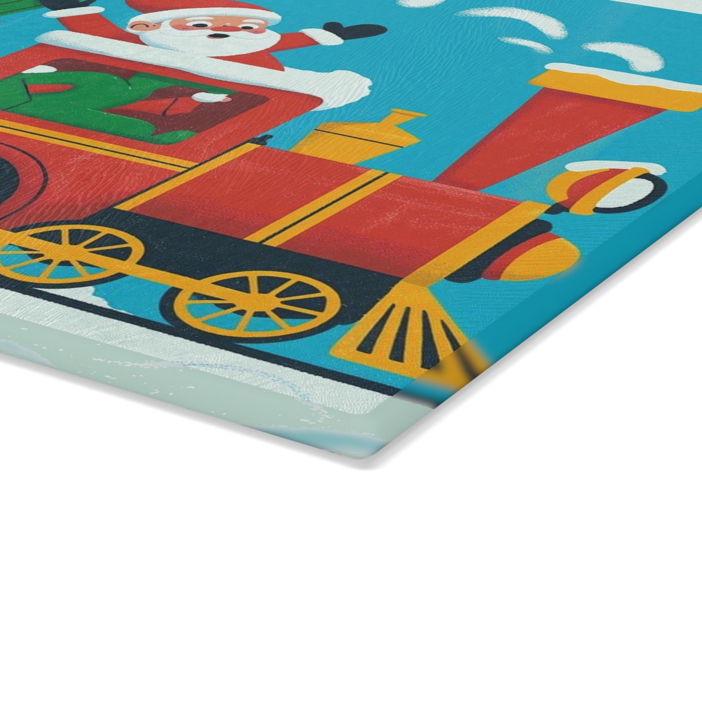 Christmas Santa Train Glass Cutting Board — Festive Holiday Kitchen Decor