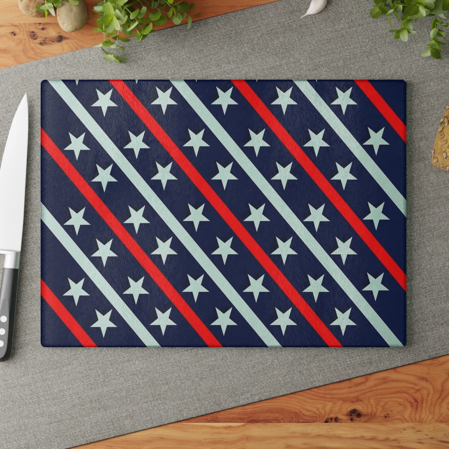Patriotic Glass Cutting Board | Kitchen Decor, Gift for Home Chefs, Red White Blue Star Design, 4th of July, BBQ Essentials