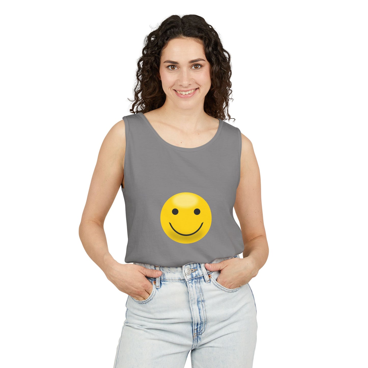 Smiley Face Tank Top, Summer Shirt, Casual Wear, Beach Outing, Gift for Friends, Positive Vibes Apparel