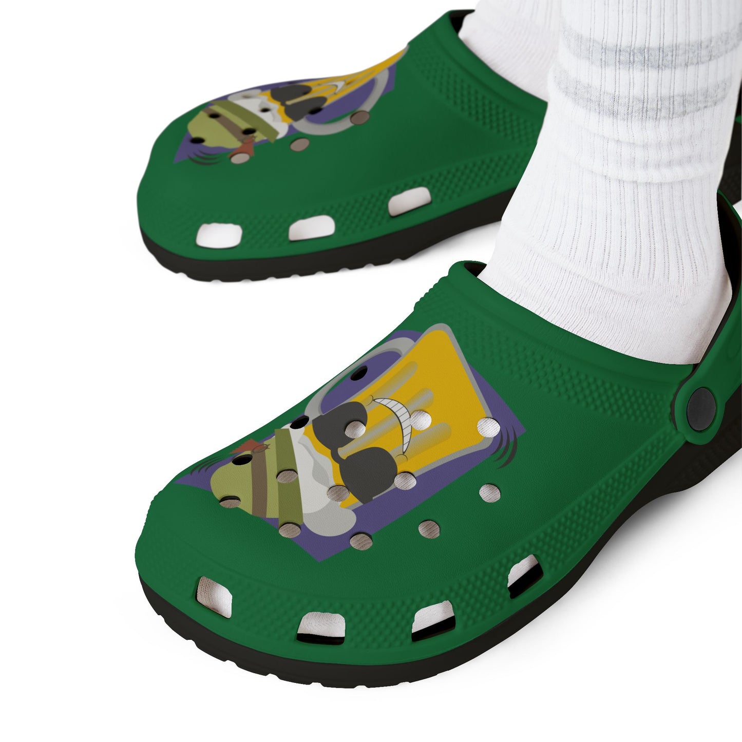 Green Foam Clogs with Cool Sunglasses Mug Graphic — Fun Casual Slip-On Shoes