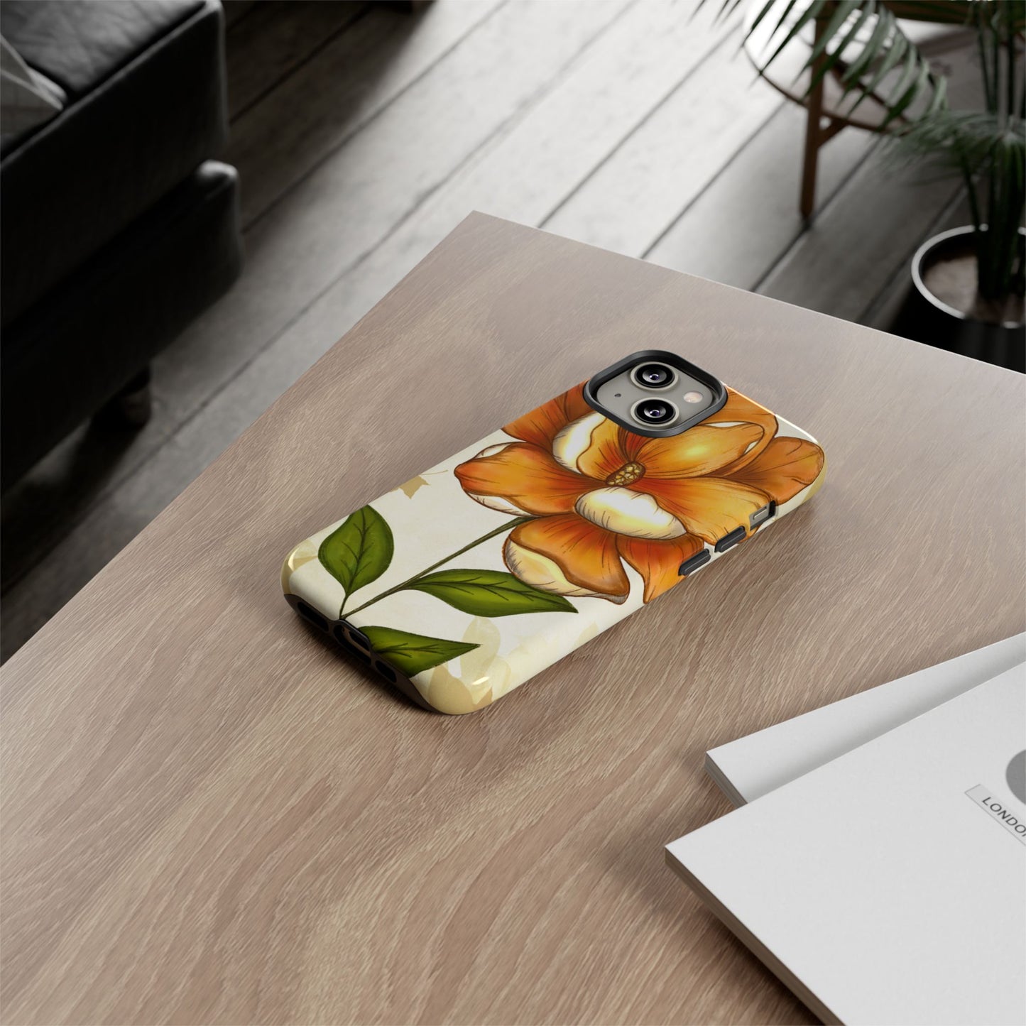 Floral Phone Case with Orange Flower Design, Tough Phone Cover, Floral Gift, Stylish Tech Accessory, Nature Lovers, Spring Vibes