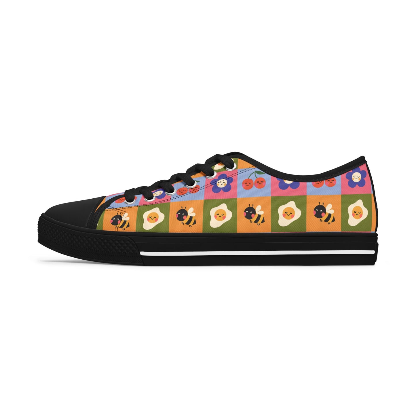 Women's Low Top Sneakers — Retro Floral & Bee Checkerboard Printed Casual Shoes