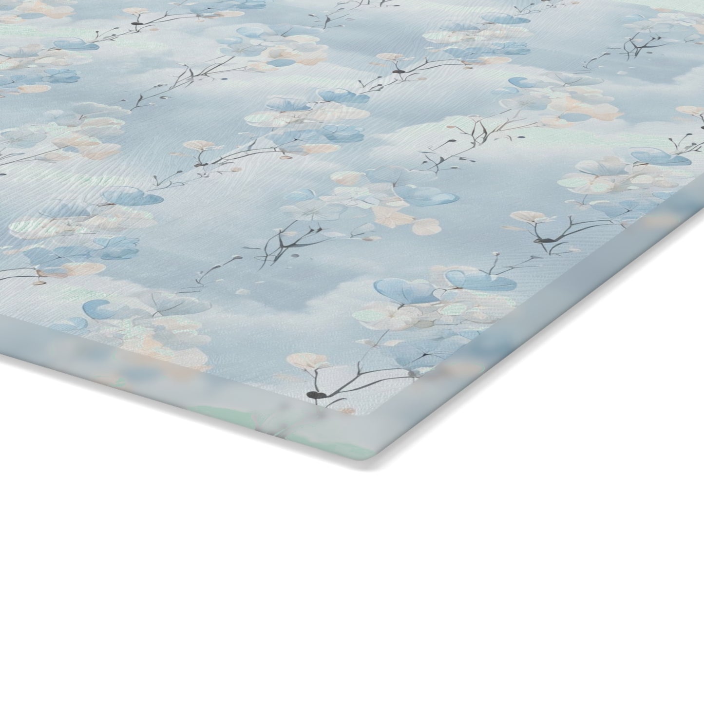 Glass Cutting Board — Soft Blue Watercolor Floral Pattern