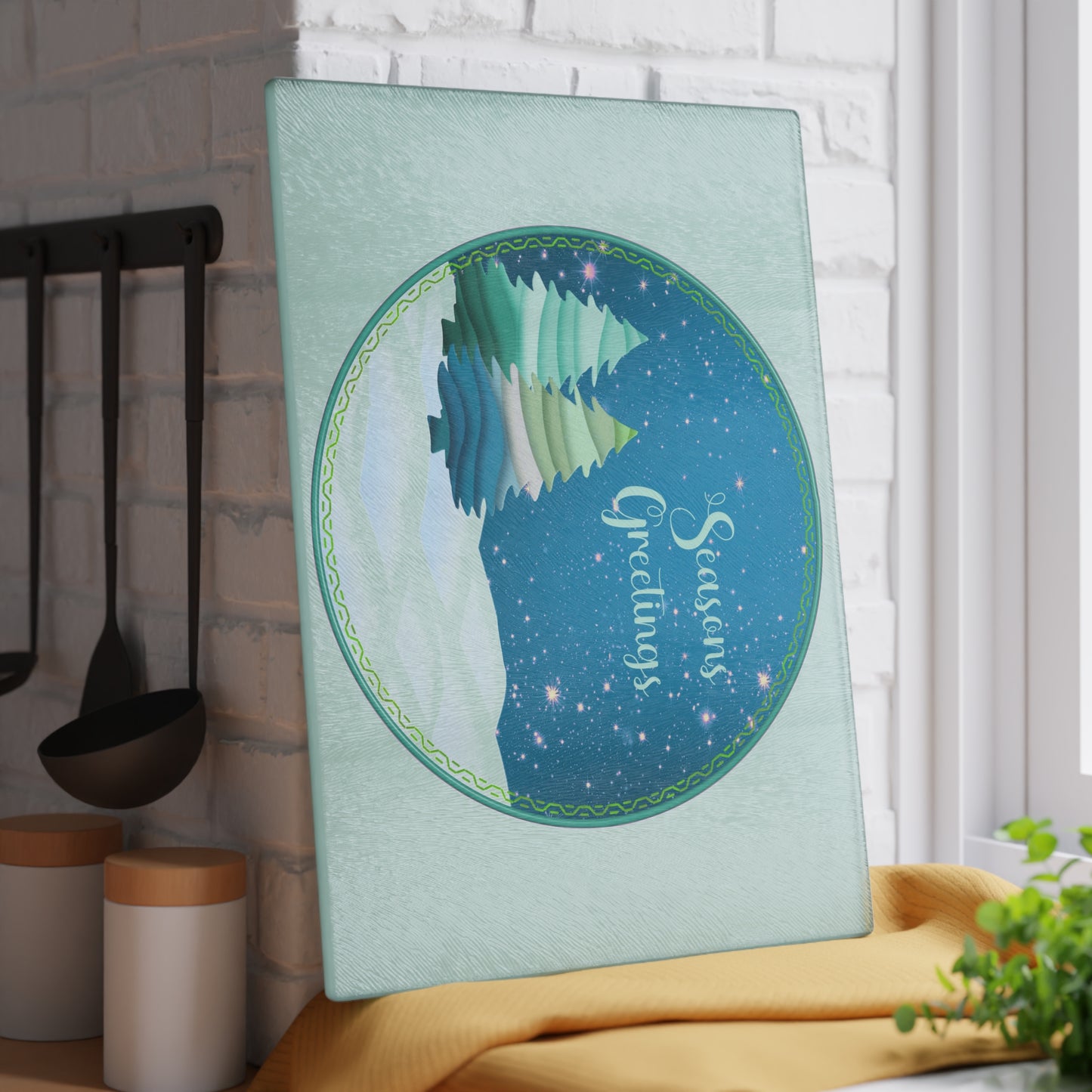 Seasons Greetings Glass Cutting Board – Festive Winter Trees Holiday Kitchen Decor