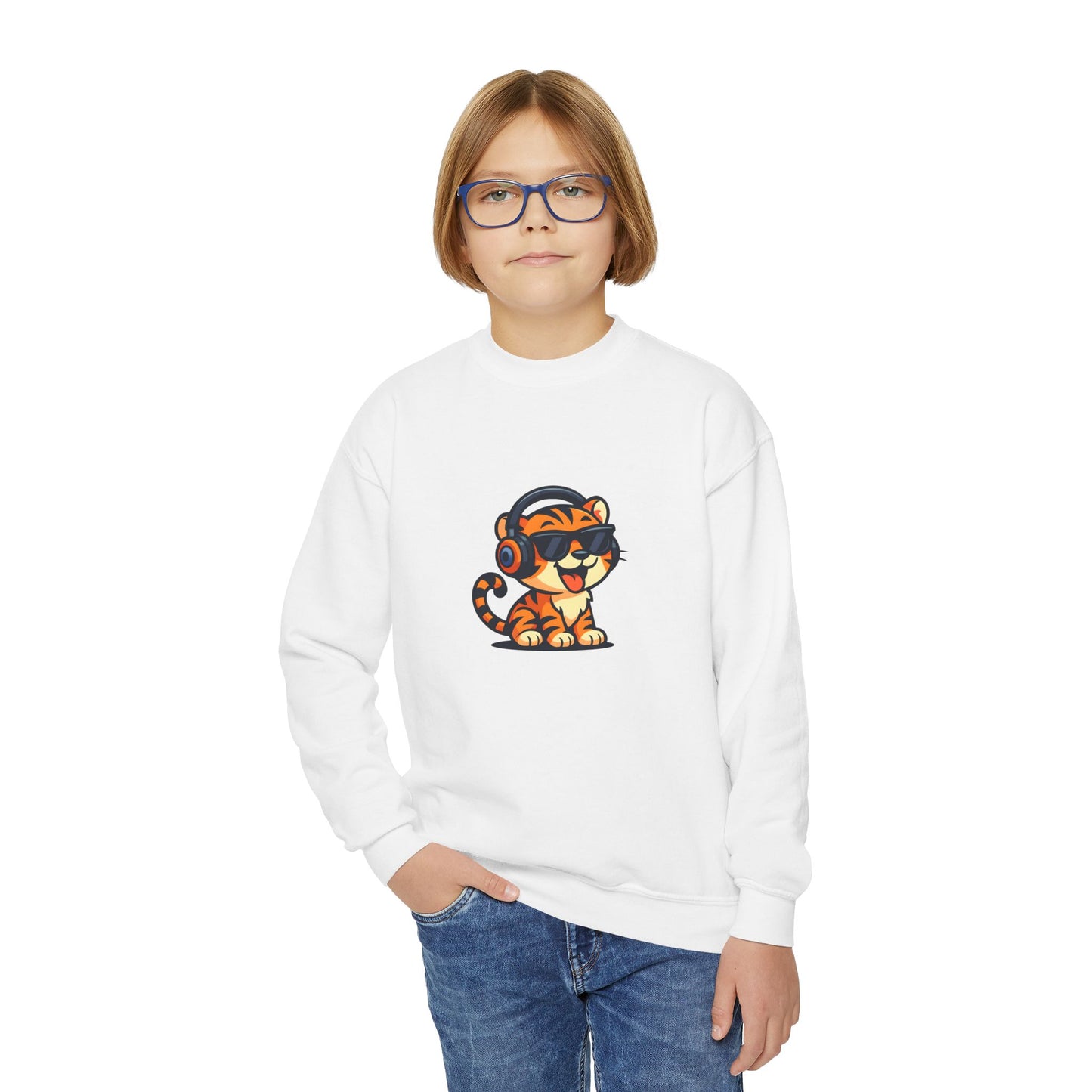 Cool Tiger Youth Crewneck Sweatshirt, Cute Animal Apparel, Teen Style, Gift for Kids, Casual Wear