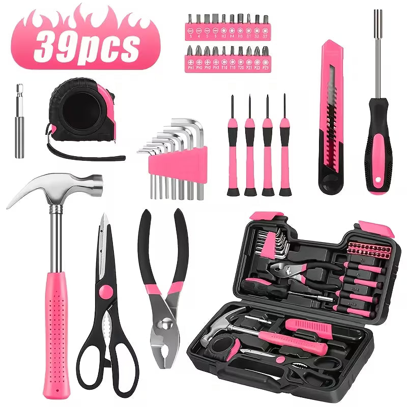 The 39pcs Pink Tool Kit is a versatile collection of hand tools perfect for any home or workshop.