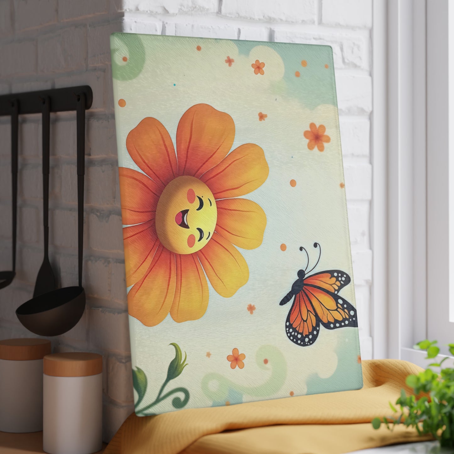 Cheerful Floral Glass Cutting Board, Kitchen Decor, Gift for Home, Cooking Accessory, Butterfly Artwork, Spring Inspired