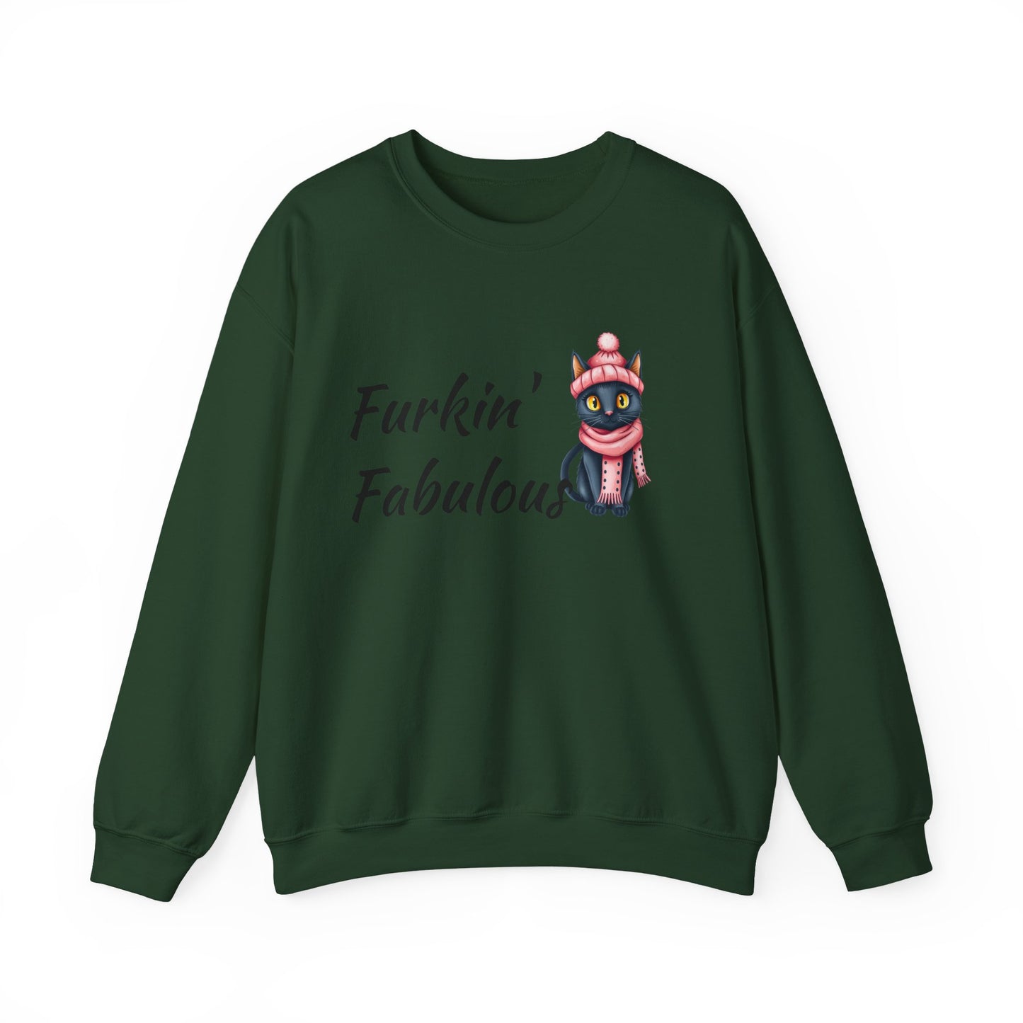 Crewneck Sweatshirt — "Furkin' Fabulous" Cute Black Cat in Pink Hat & Scarf