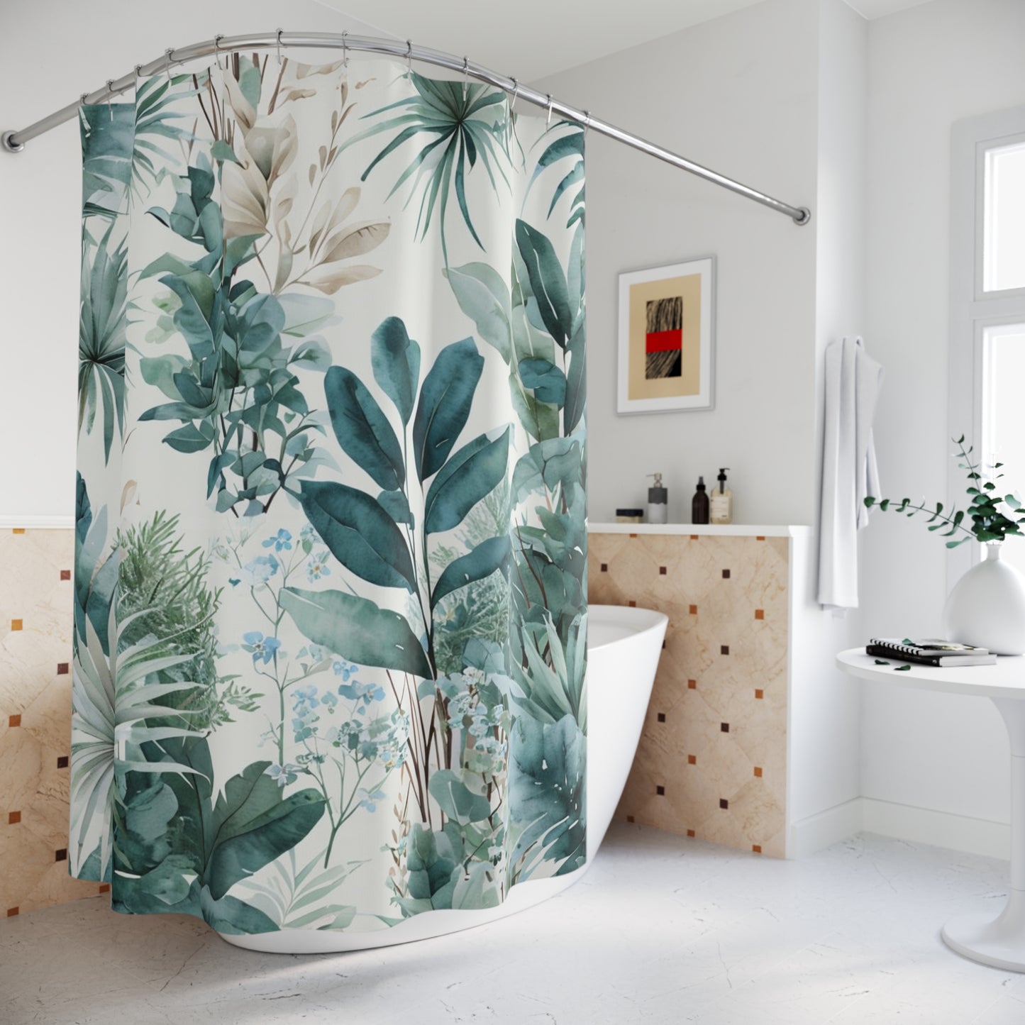 Botanical Tropical Shower Curtain — Green Palm & Foliage Bathroom Decor