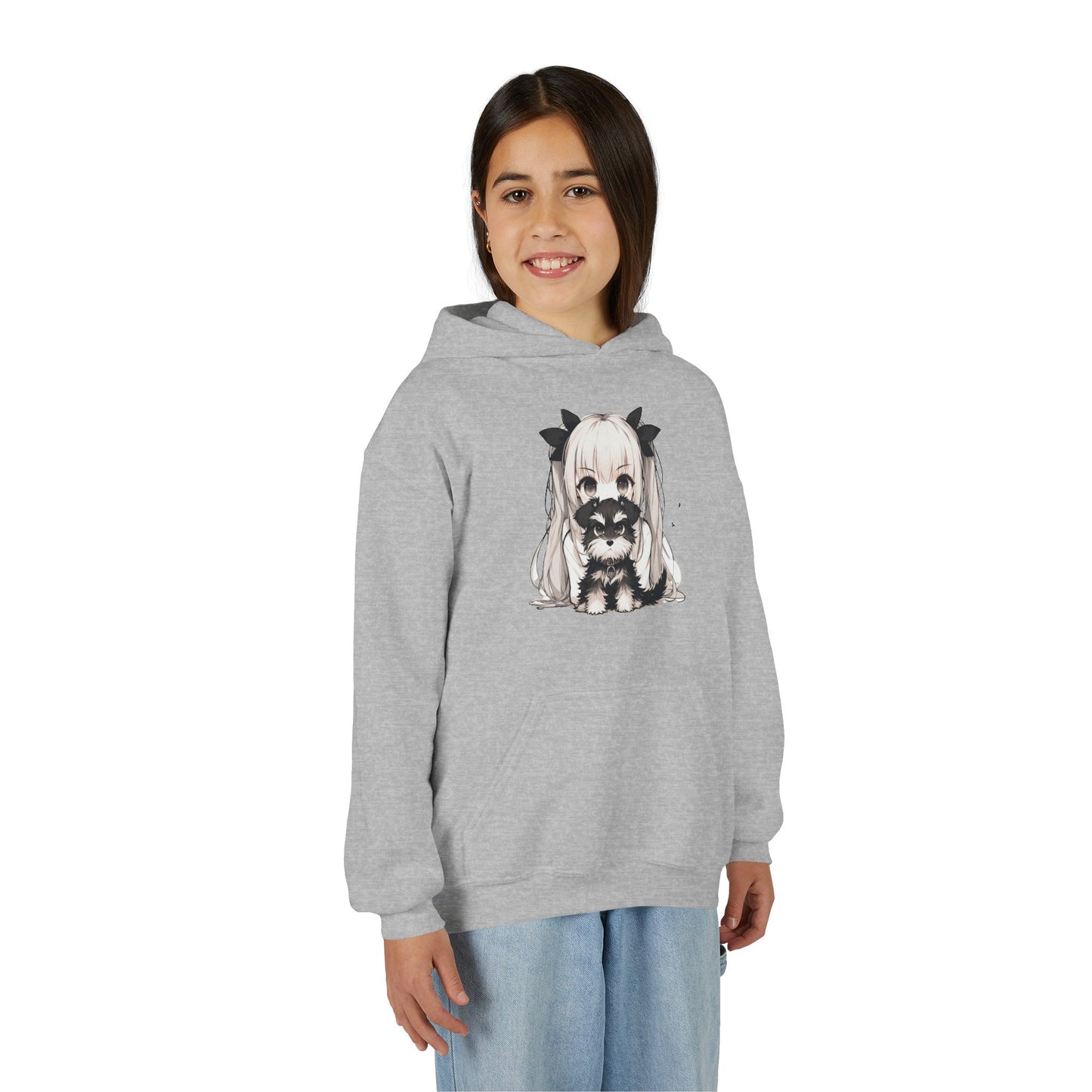 Cute Anime Girl & Puppy Youth Hoodie — Kawaii Kids Pullover for Anime Fans