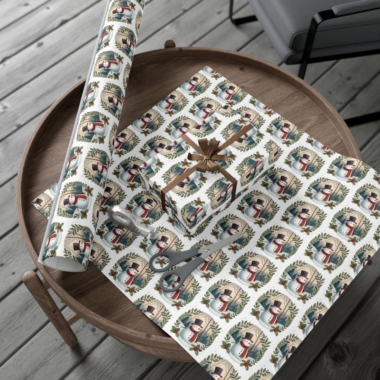 Gift Wrap Paper — Vintage Snowman Wreath Pattern (Holiday Wrapping Sheets)