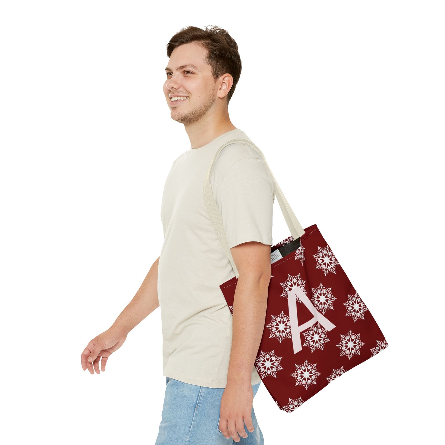 Monogram A Snowflake Tote Bag — Personalized Holiday AOP Tote