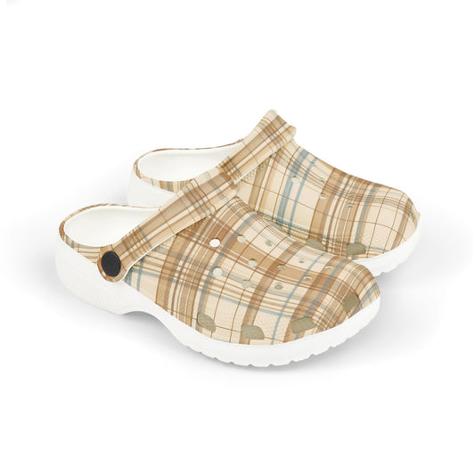 Kids Plaid Foam Clogs — Beige Blue Plaid Slip-On Sandals for Children