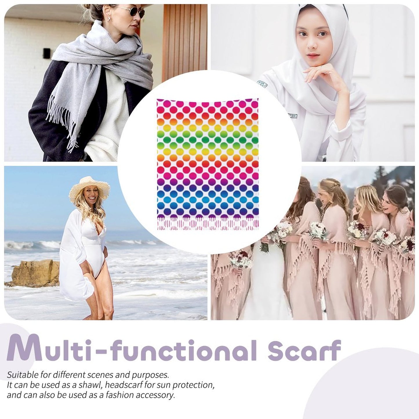 Cashmere-like Tassel Scarf Rainbow Dots