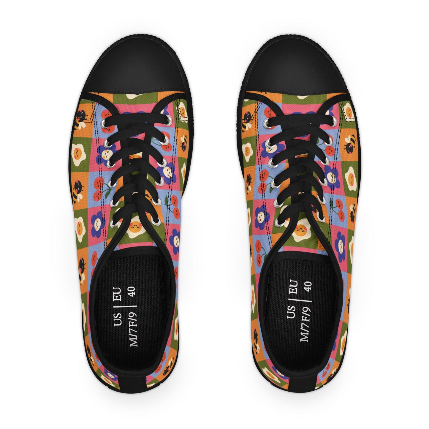 Women's Low Top Sneakers — Retro Floral & Bee Checkerboard Printed Casual Shoes