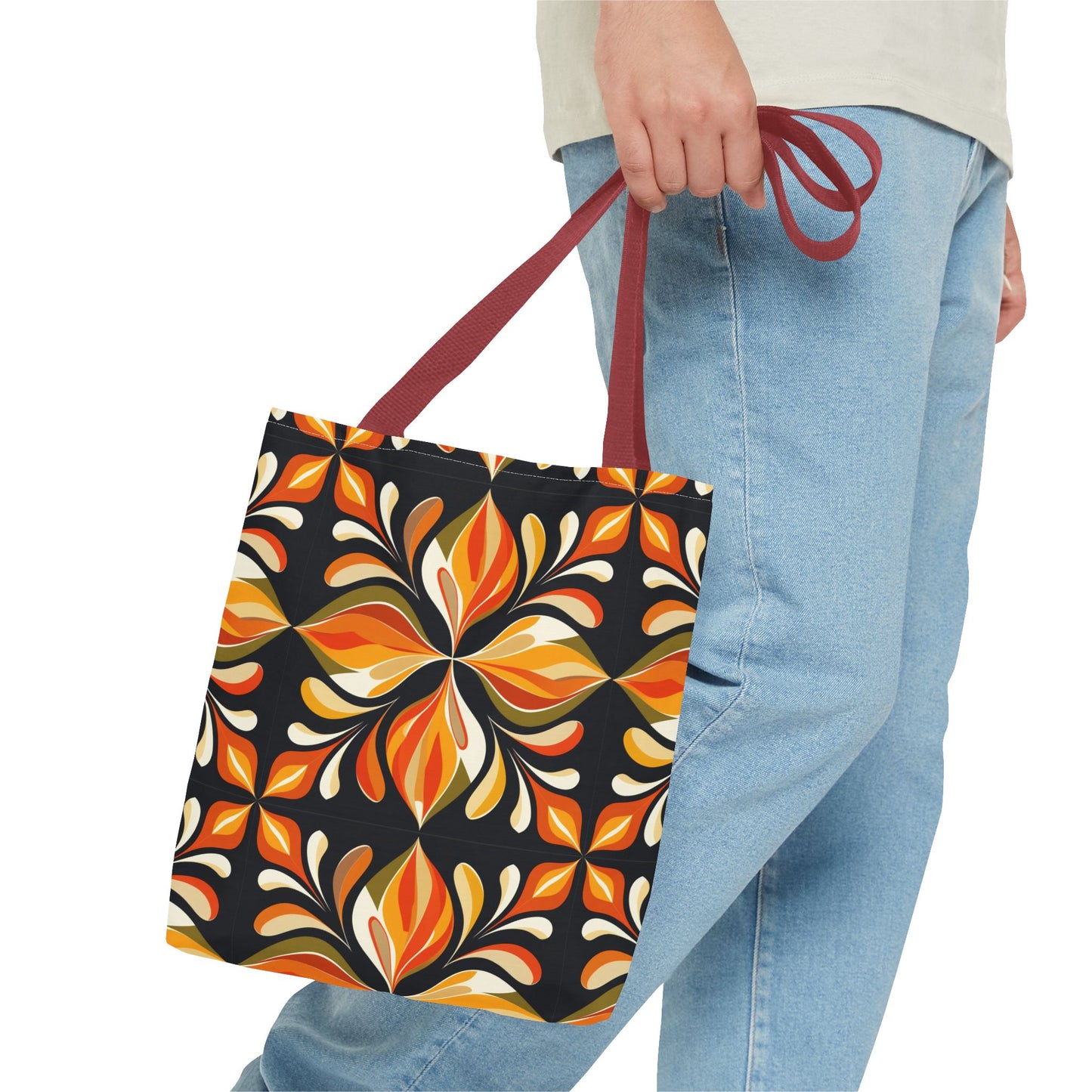 Retro Floral Tote Bag — Orange & Black Boho Pattern