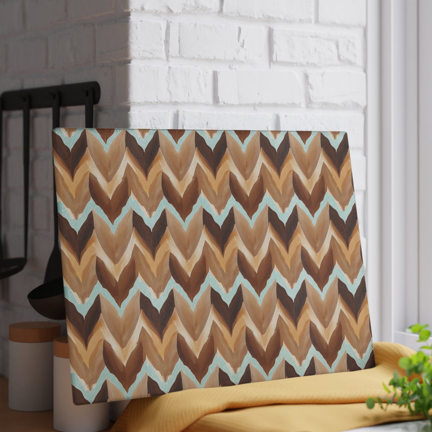 Chevron Brown Glass Cutting Board — Rustic Neutral Kitchen Prep Surface