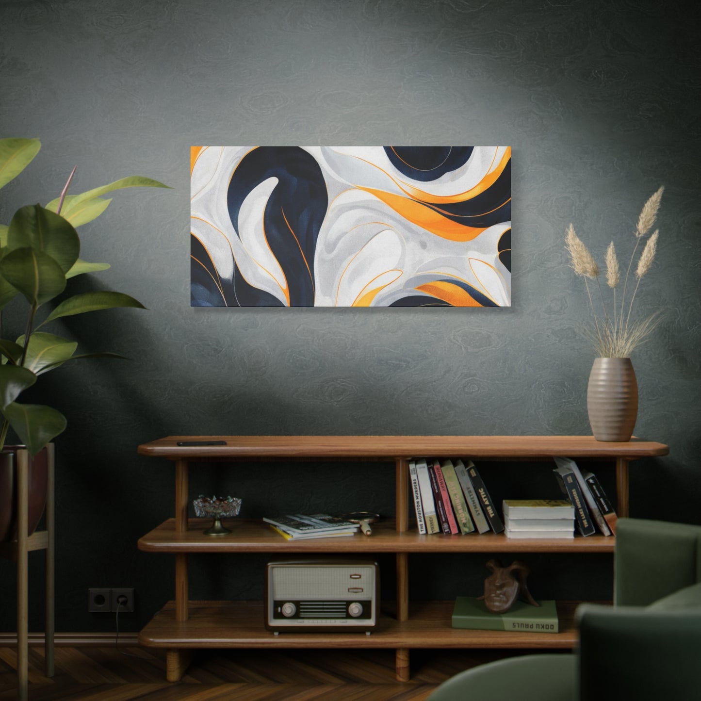 Abstract Fluid Art Matte Canvas Print — Navy, Gold & White Stretched Wall Art