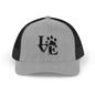 Love Paw Print Trucker Cap for Animal Lovers, Adjustable Snapback Hat for Pet Owners, Gifts for Dog Moms, Cat Dads, Pet Adoption Events
