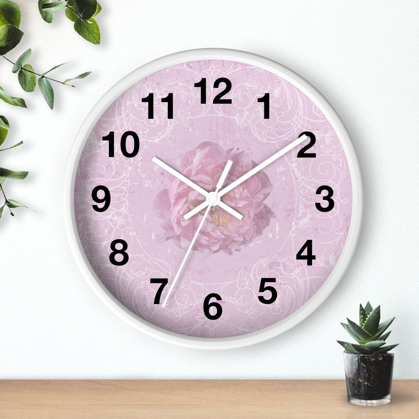 Pink Floral Wall Clock — Romantic Rose Decorative Clock for Bedroom, Nursery, or Gift