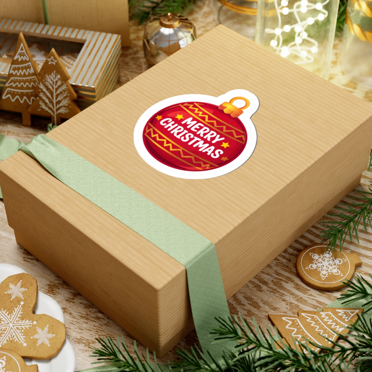 Merry Christmas Ornament Sticker — Red Holiday Kiss-Cut Sticker
