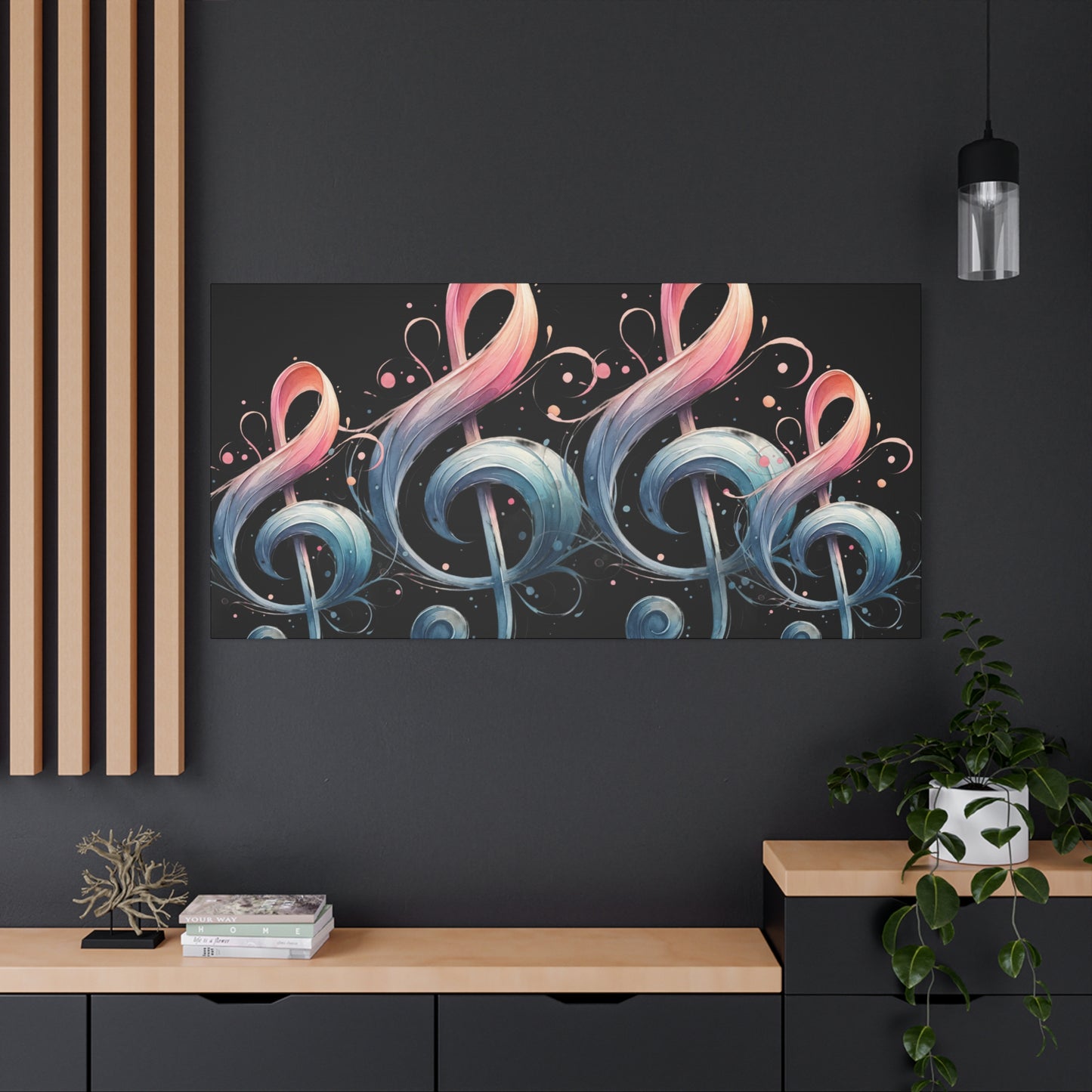 Musical Treble Clef Canvas Wall Art — Pastel Ribbon Notes on Black
