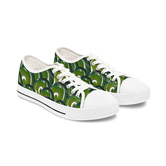 Green Bubble Pattern Women's Low Top Sneakers — Retro Abstract Tennis Shoes