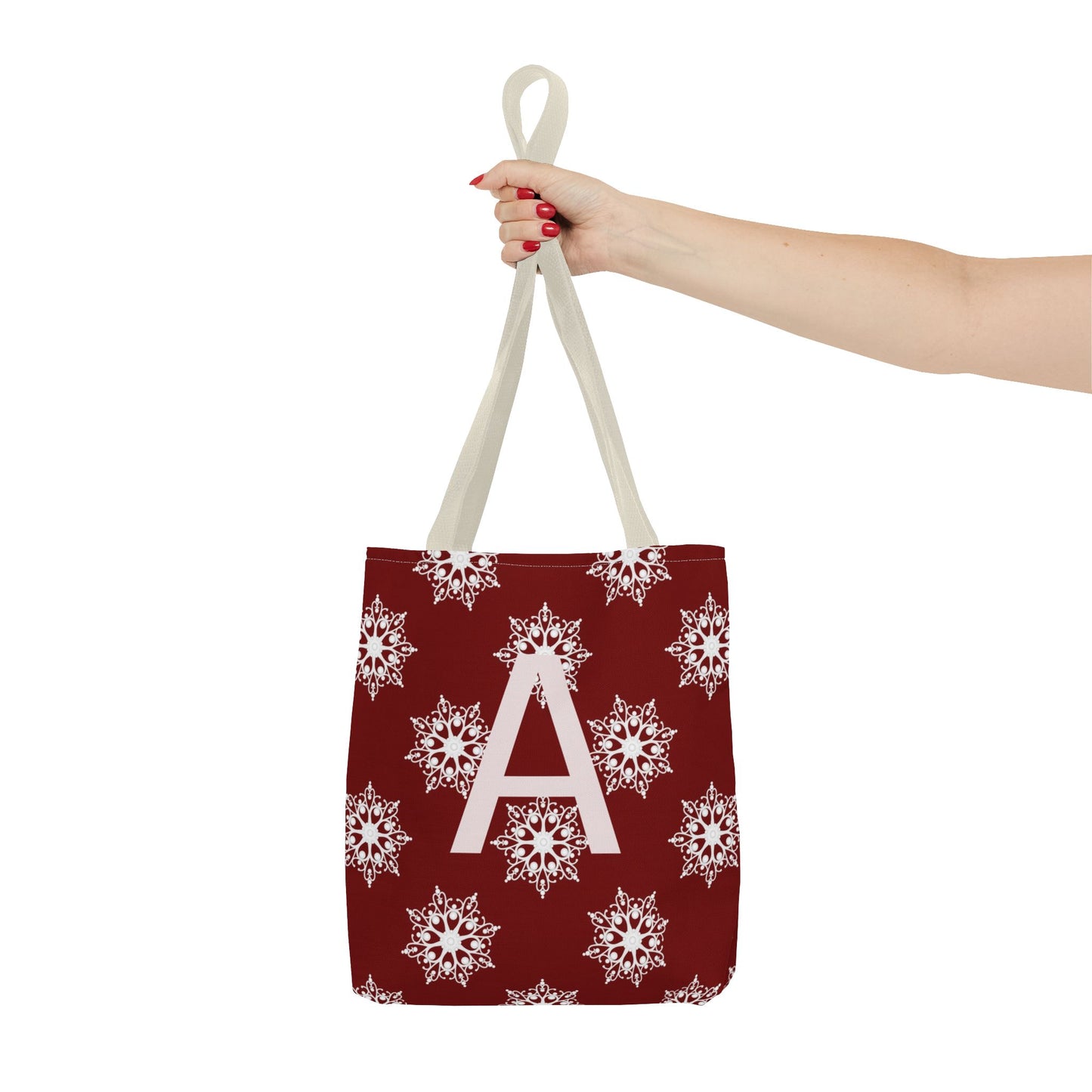 Monogram A Snowflake Tote Bag — Personalized Holiday AOP Tote