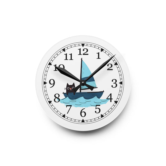 Sailing Cat Acrylic Wall Clock, Cute Home Decor, Nautical Gift, Cat Lover's Wall Art, Unique Timepiece, Kids Room Decoration
