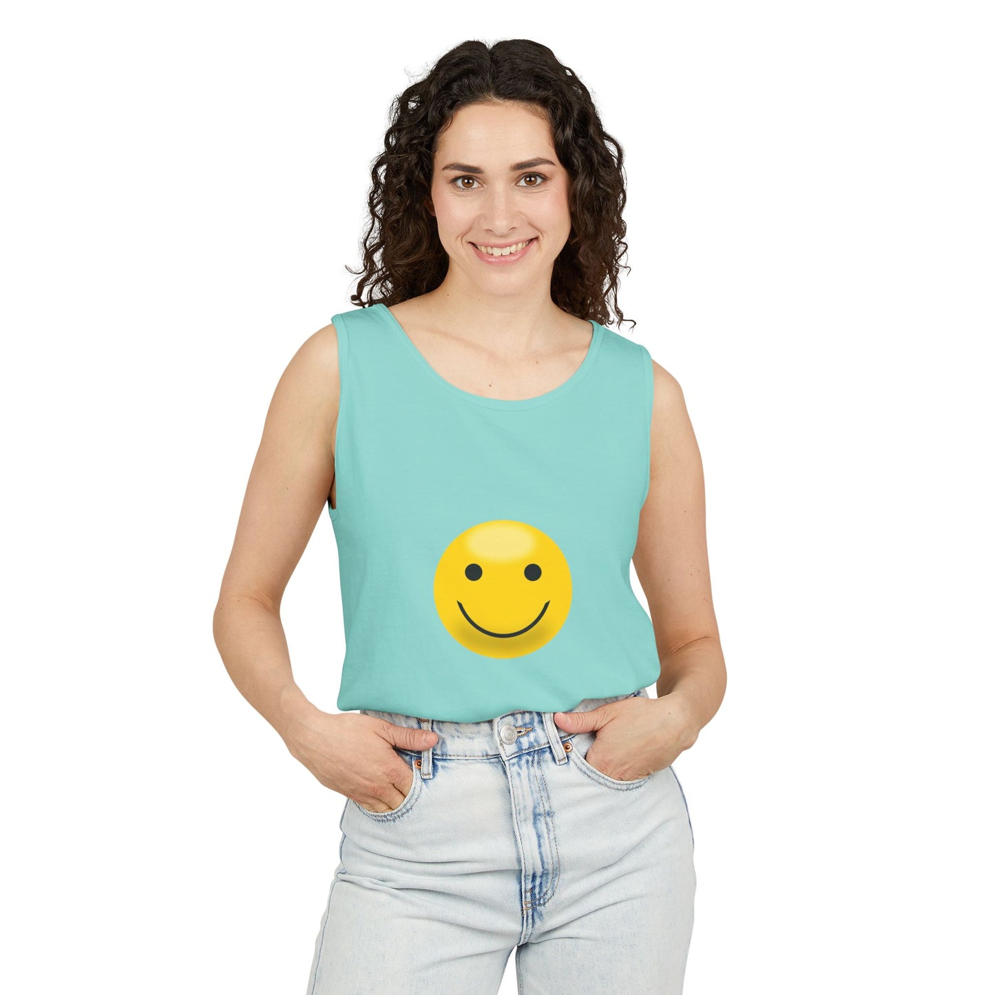 Smiley Face Tank Top, Summer Shirt, Casual Wear, Beach Outing, Gift for Friends, Positive Vibes Apparel