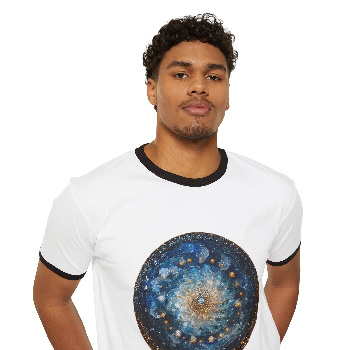 Celestial Mandala Ringer T‑Shirt — Blue Galaxy Circle Art