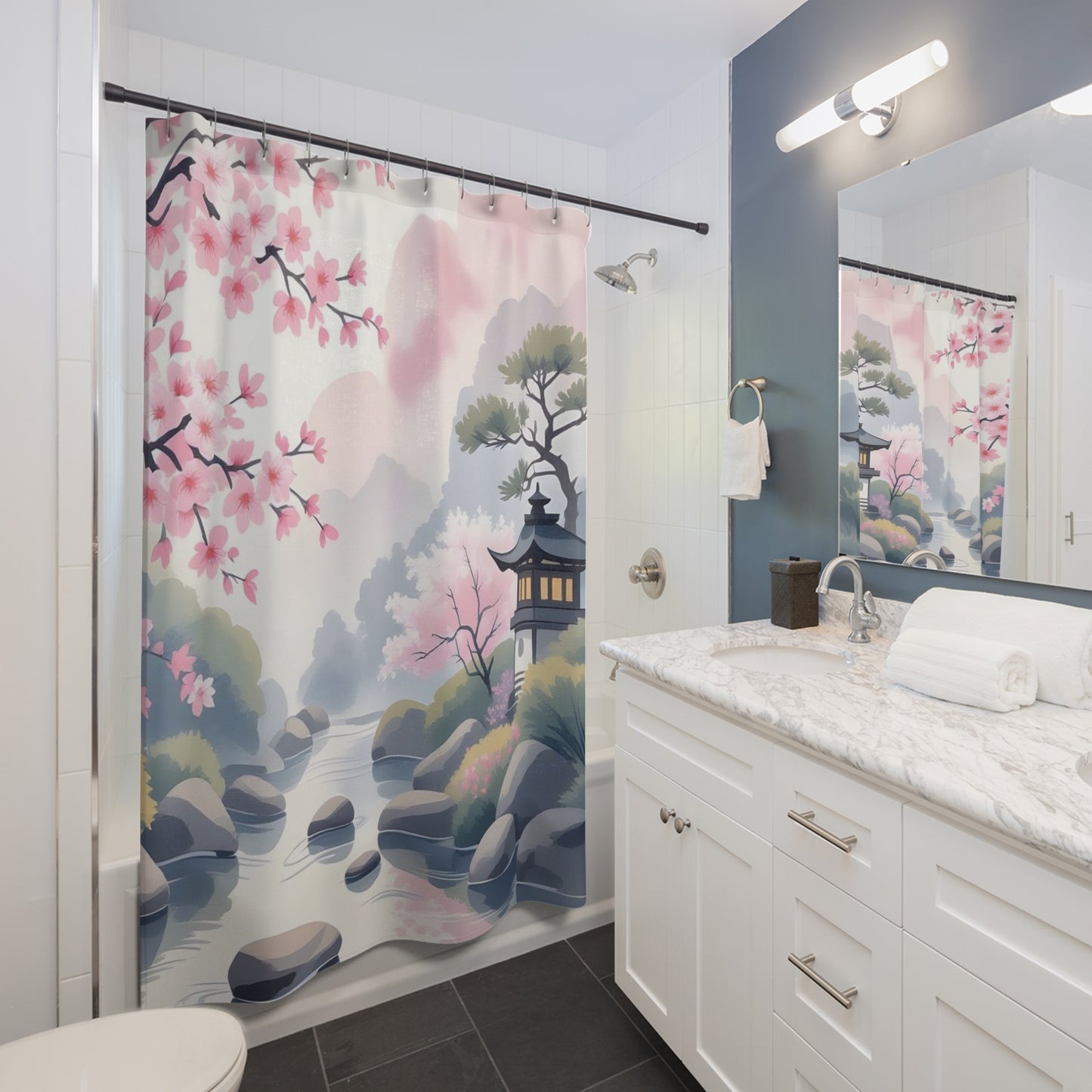 Zen Cherry Blossom Shower Curtain — Japanese Garden Bath Decor