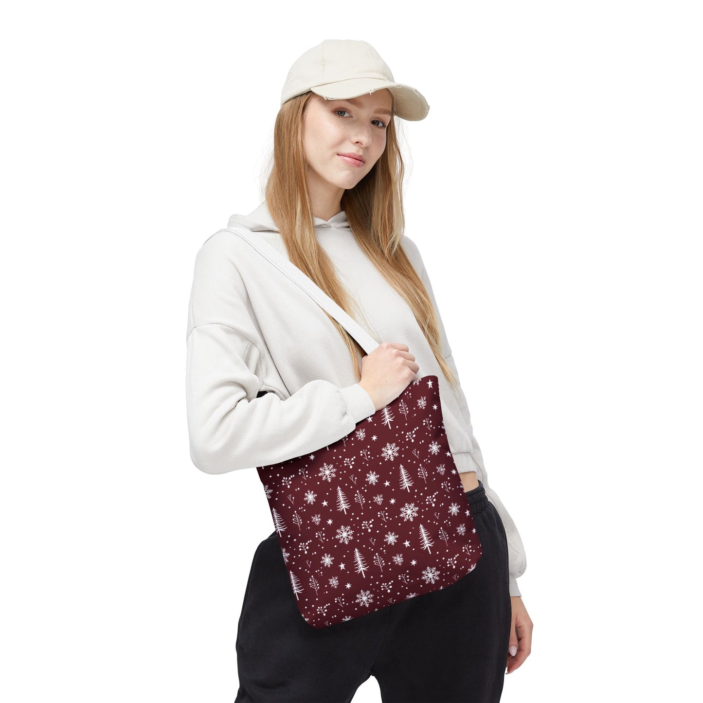 Christmas Snowflake Tote Bag – Burgundy Holiday Patterned Carryall
