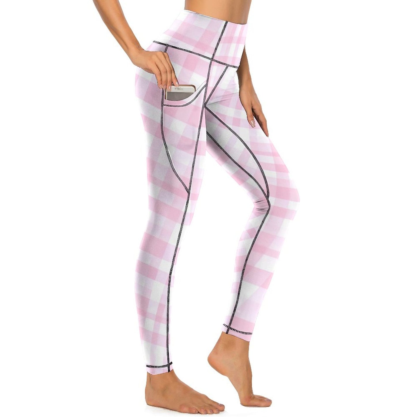 Custom Print Patterned Yoga Pants with 2 Pockets Pink Checkers