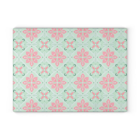 Glass Cutting Board – Pastel Pink & Mint Tile Pattern Kitchen Board