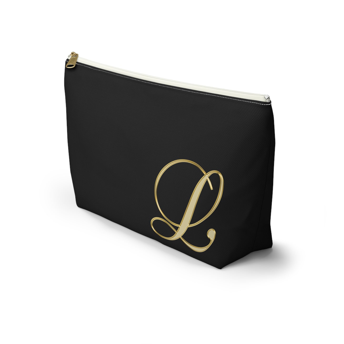 Monogram L Accessory Pouch — Black & Gold T‑Bottom Makeup Bag