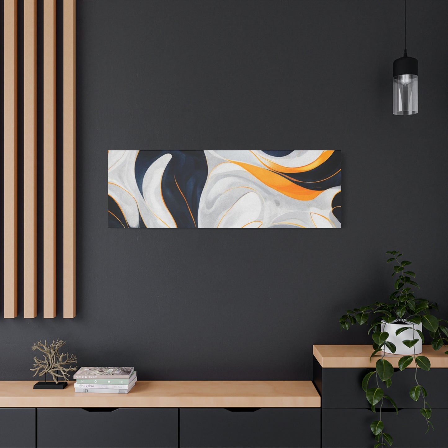 Abstract Fluid Art Matte Canvas Print — Navy, Gold & White Stretched Wall Art