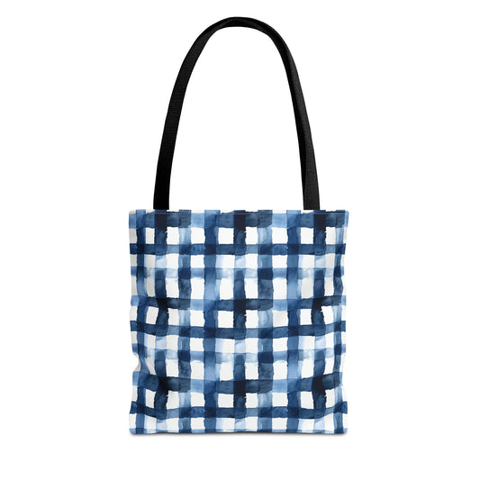 Blue Watercolor Plaid Tote Bag — Navy Check Pattern All-Over Print