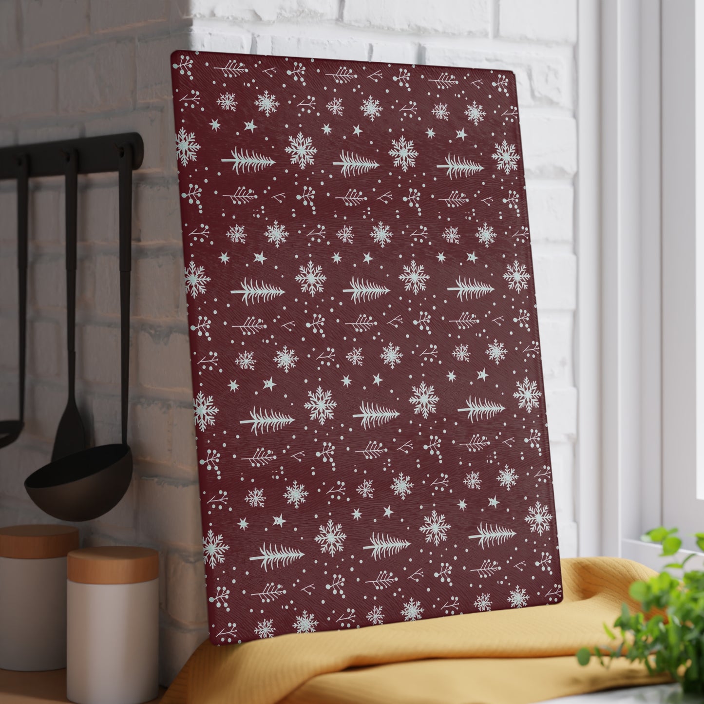 Holiday Snowflake & Pine Glass Cutting Board — Festive Winter Kitchen Decor
