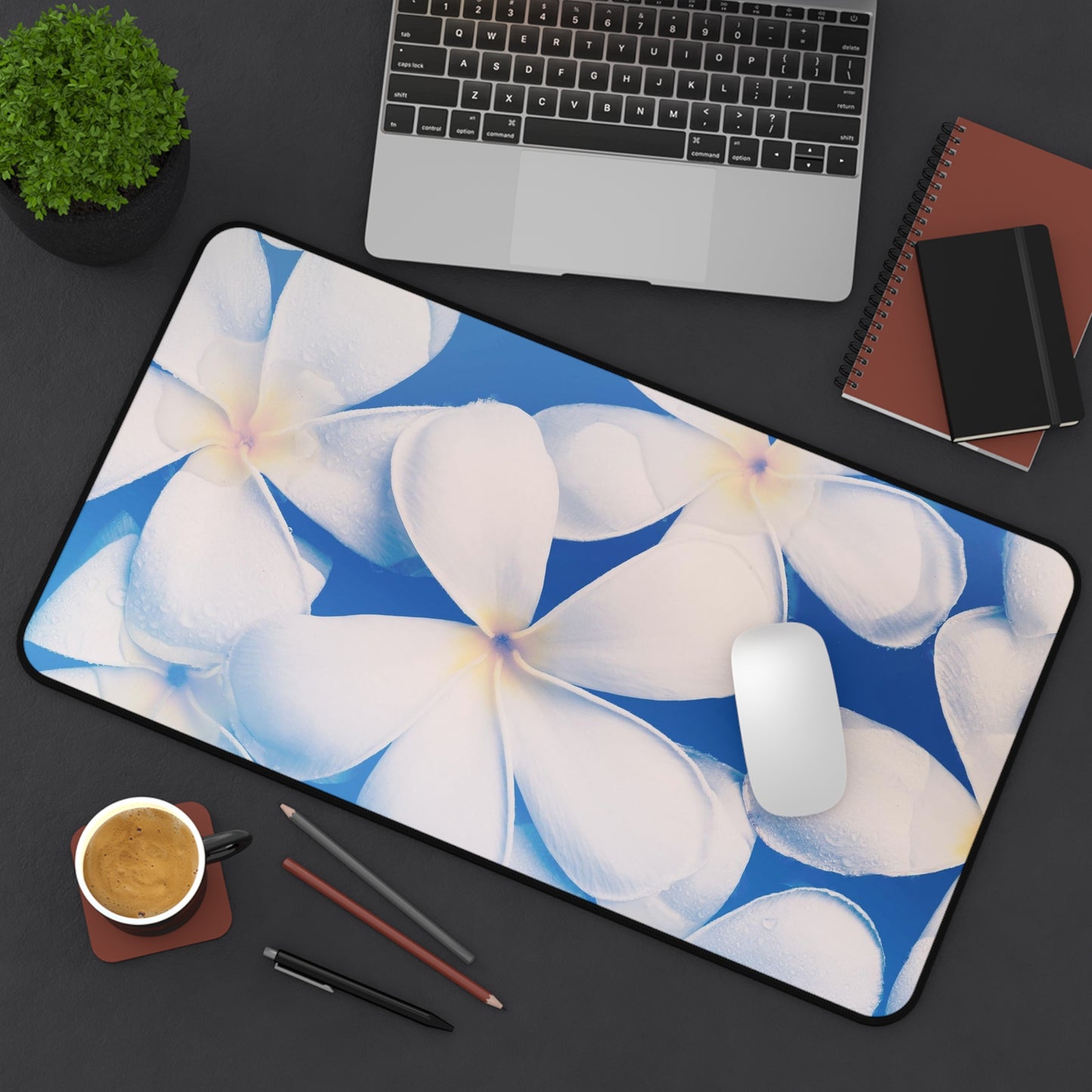 Plumeria Floral Desk Mat — Tropical White Flower Mouse Pad