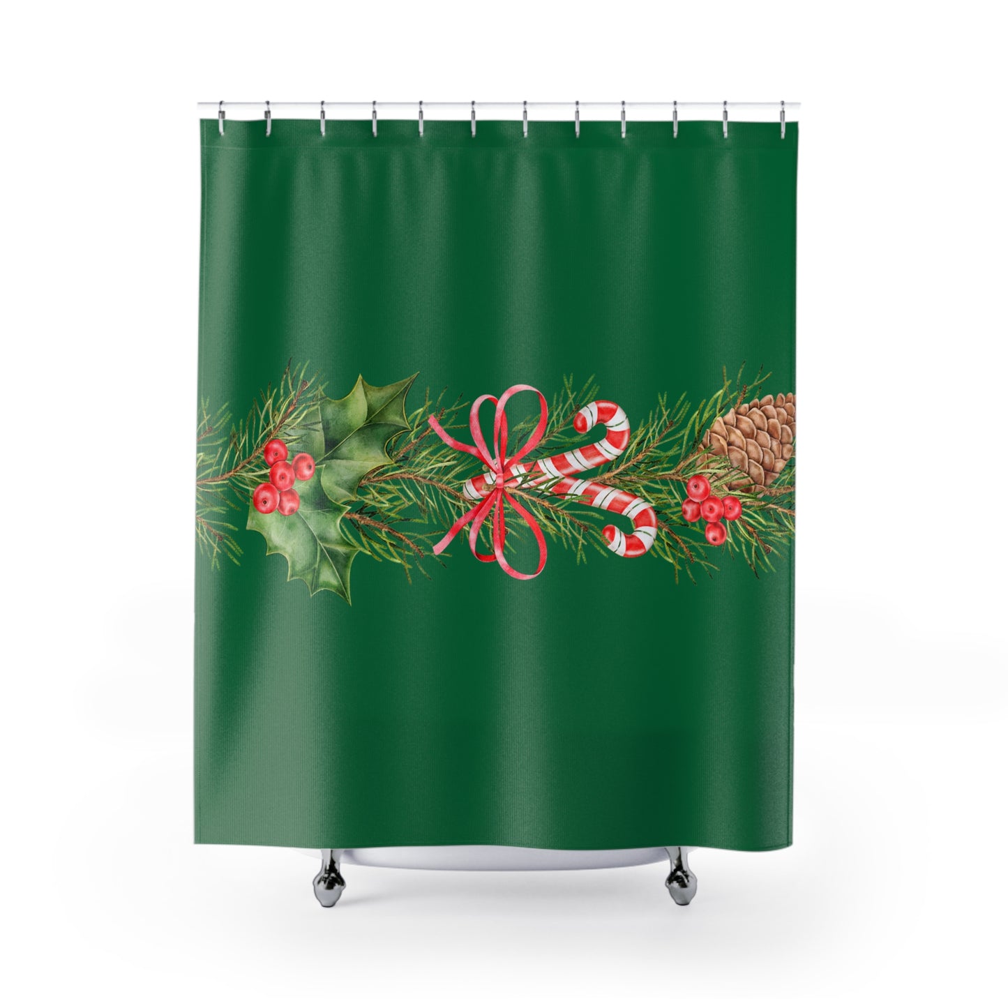 Christmas Green Shower Curtain — Holiday Pine, Candy Cane & Holly Garland Bathroom Decor