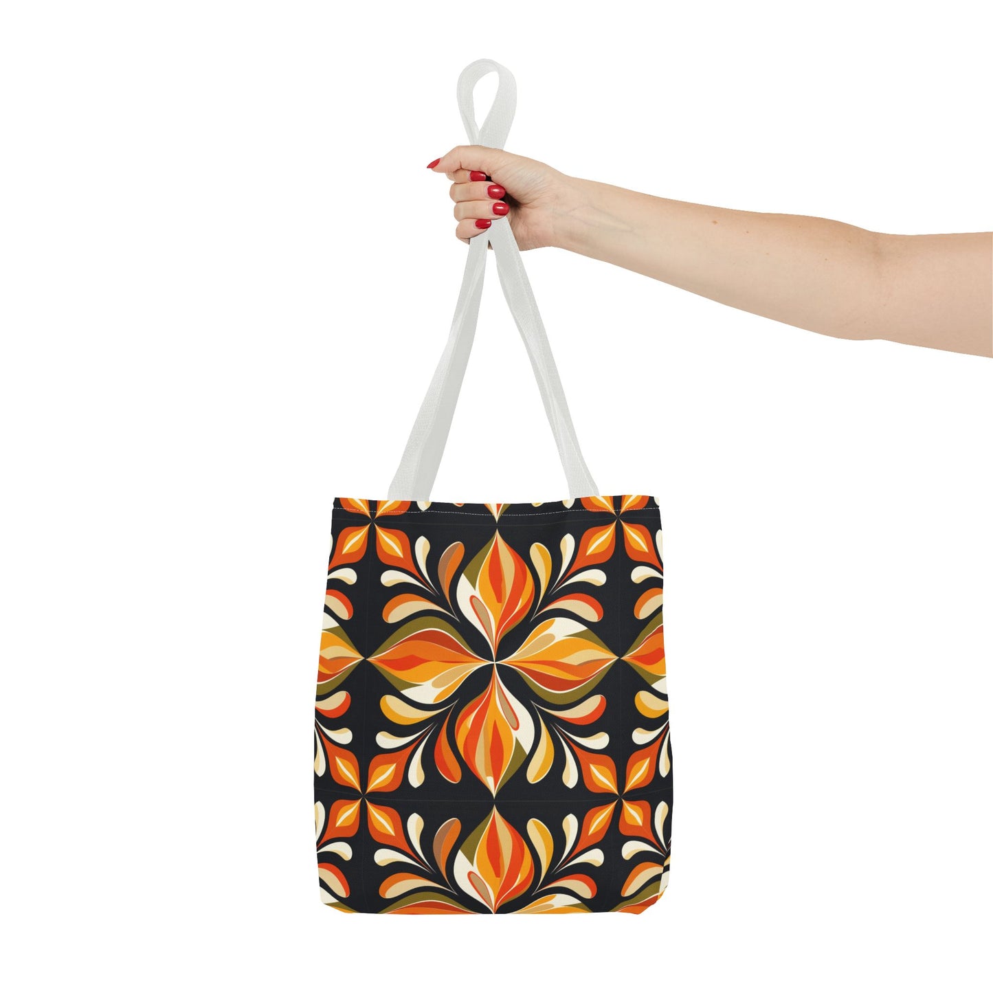 Retro Floral Tote Bag — Orange & Black Boho Pattern