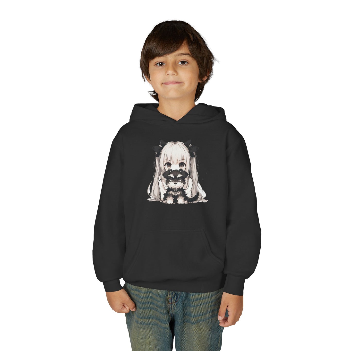 Cute Anime Girl & Puppy Youth Hoodie — Kawaii Kids Pullover for Anime Fans