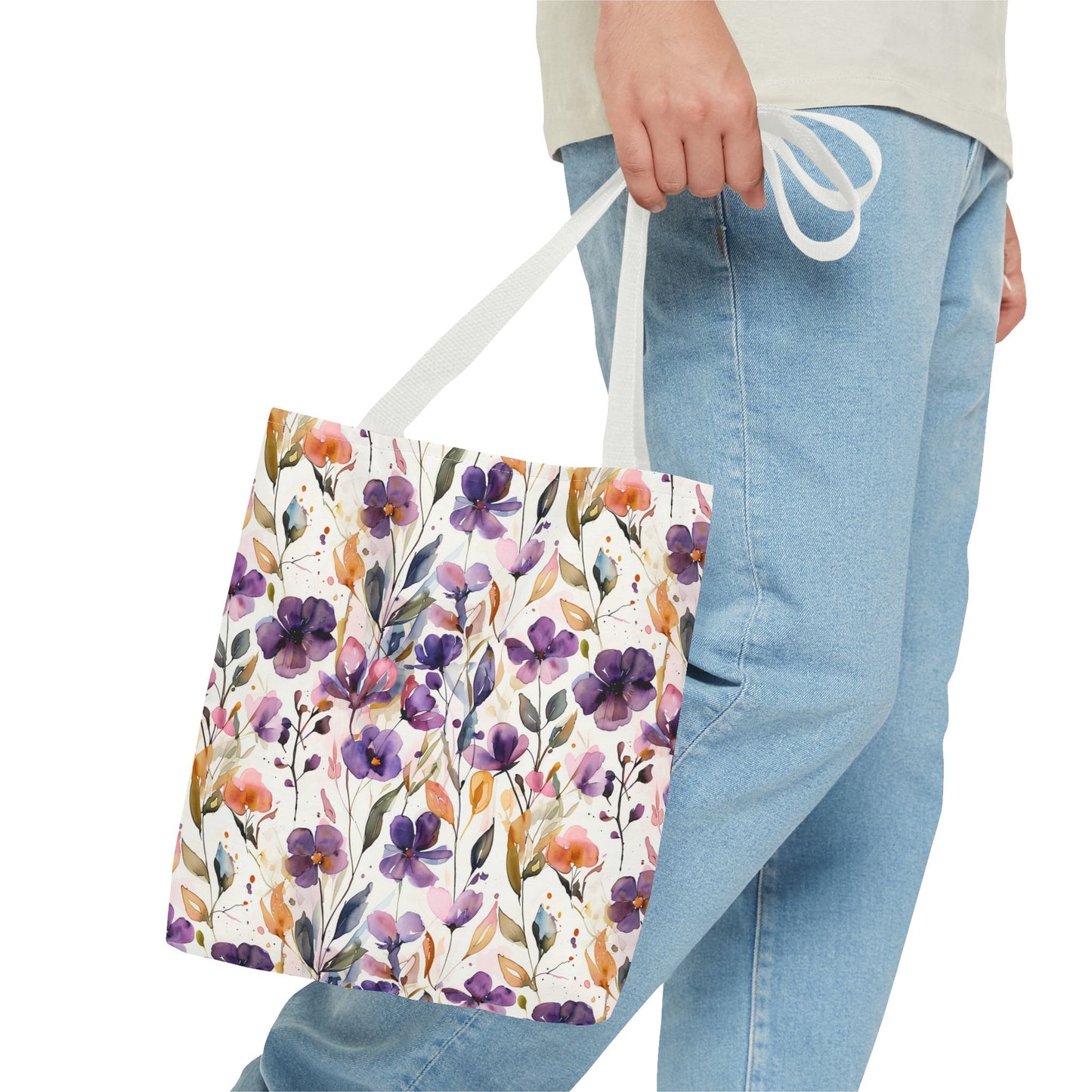 Floral Watercolor Tote Bag — Purple & Orange Botanical All-Over Print