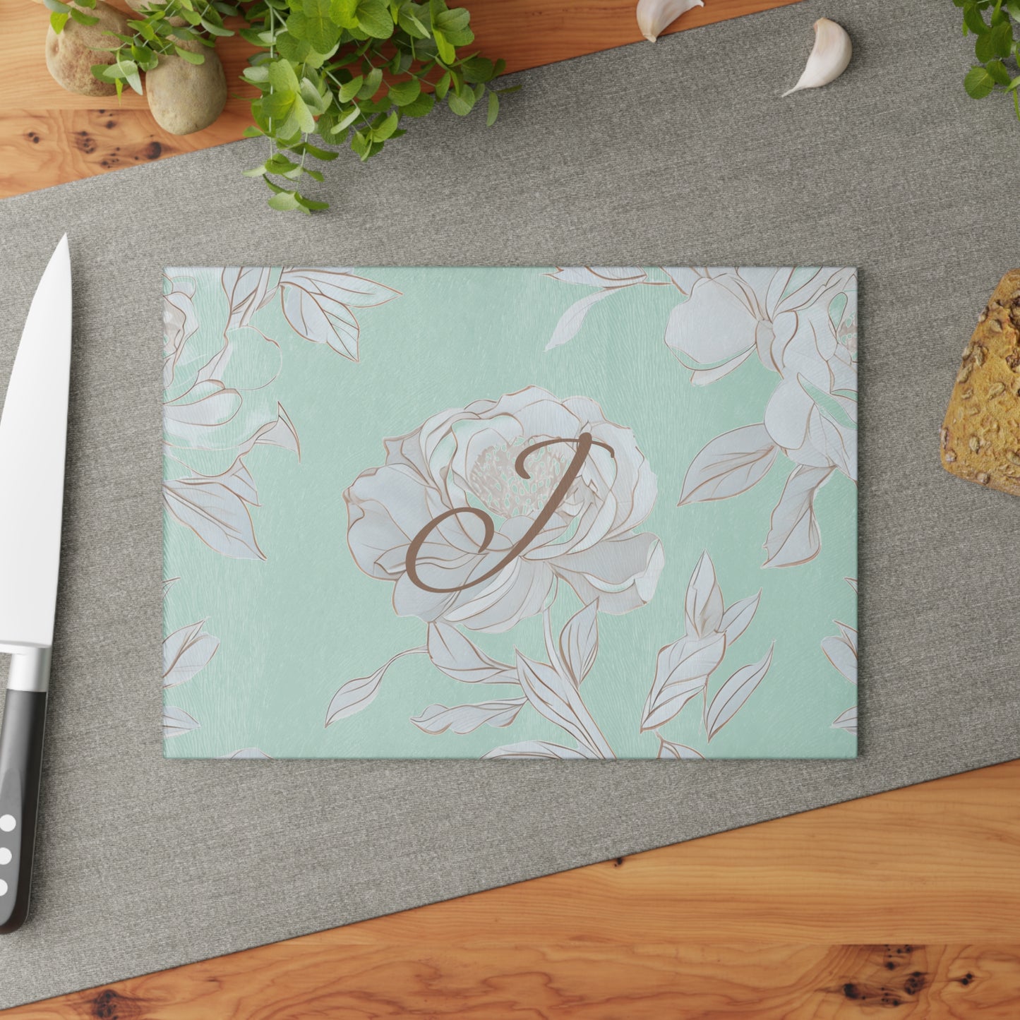 Personalized Floral Glass Cutting Board, Elegant Kitchen Gift, Monogrammed Home Decor, Wedding Gift, Anniversary Present