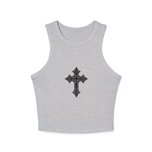 Chic Women's Crop Tank Top with Cross Design, Gym Wear, Casual Summer Top, Festival Fashion, Spiritual Style