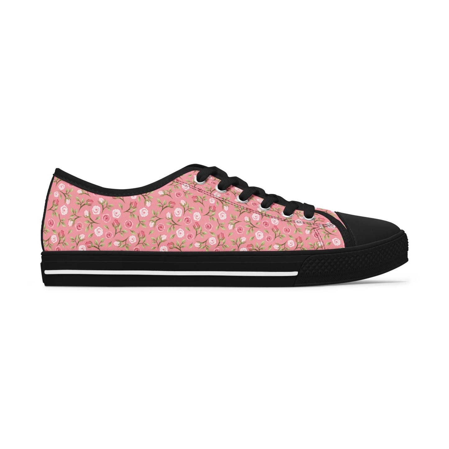 Floral Pink Low Top Sneakers — Women's Cute Rose Pattern Canvas Shoes