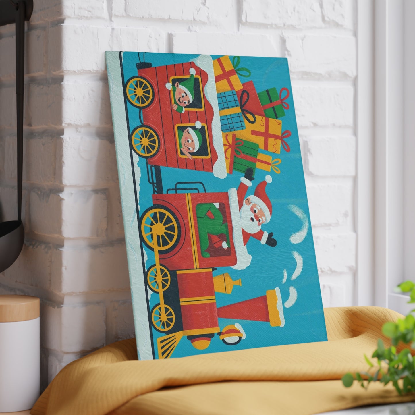 Christmas Santa Train Glass Cutting Board — Festive Holiday Kitchen Decor