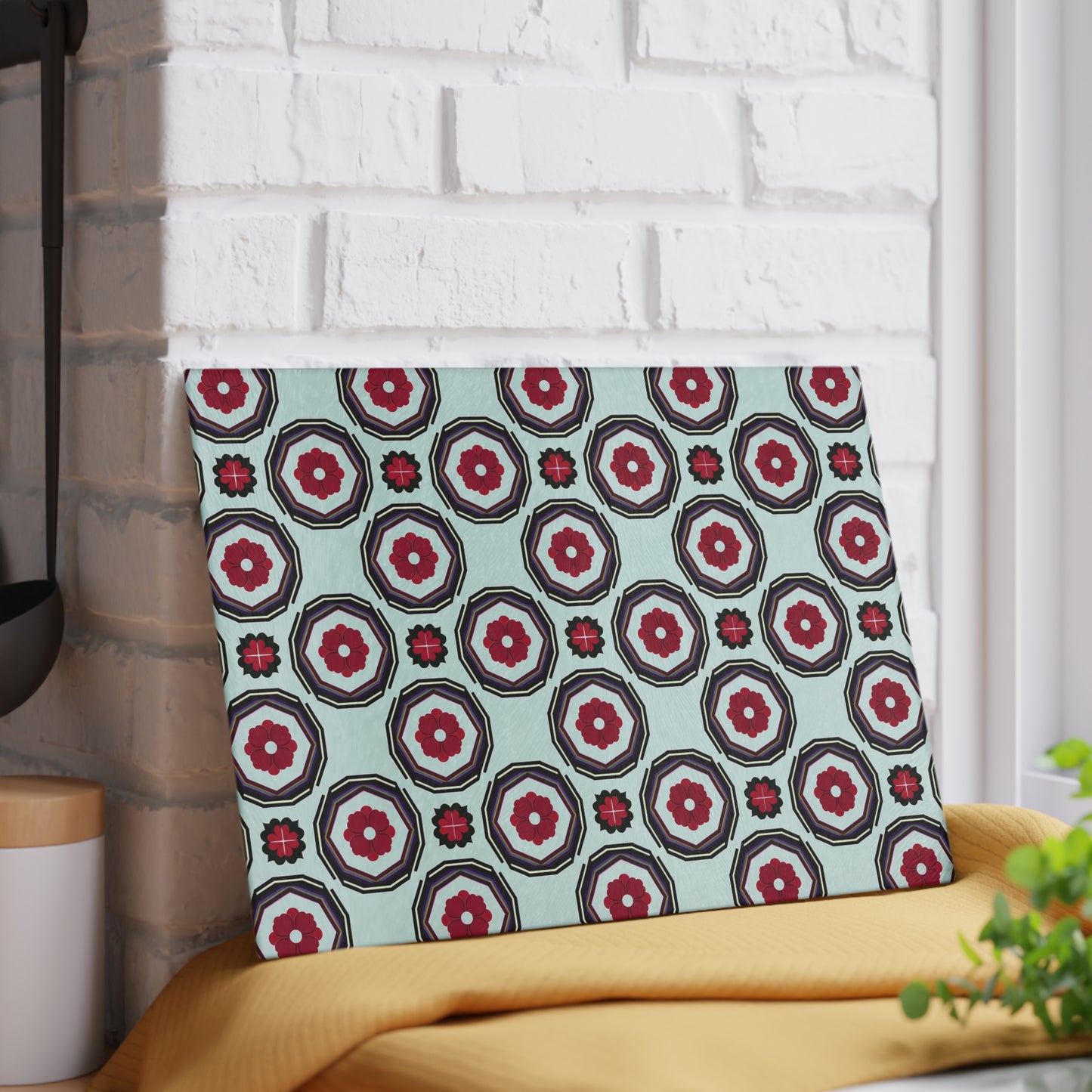 Retro Geometric Glass Cutting Board — Mint & Burgundy Pattern